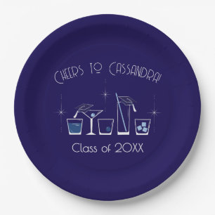 Cap and Cocktail Graduation Party Navy Blue Paper Plate
