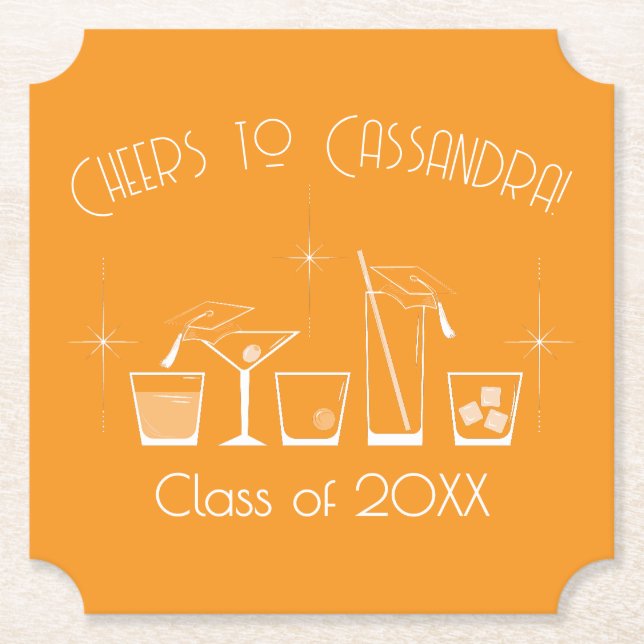 Cap and Cocktail Graduation Party Orange Paper Coaster (Front)