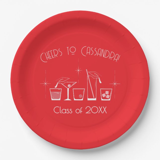 Cap and Cocktail Graduation Party Red Paper Plate (Front)