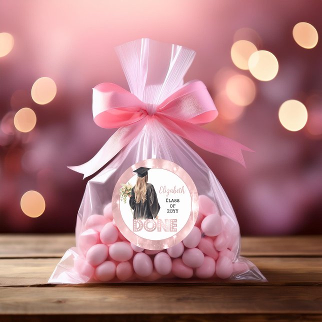 Cap and Gown | Pink Florals DONE Classic Round Sticker (Girl Graduate in Cap and Gown with Floral Bouquet and Faux Pink Sparkles "DONE" Graduation Stickers)