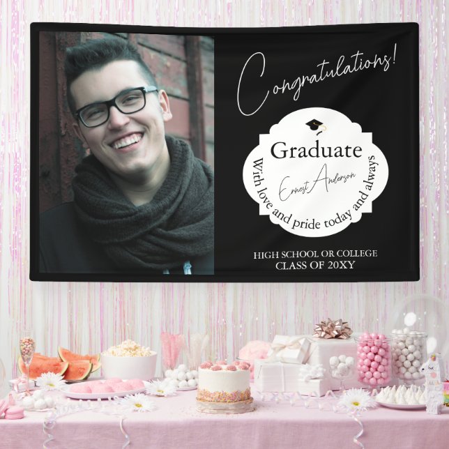 Cap Black White Congratulations Photo Graduation Banner (Party)