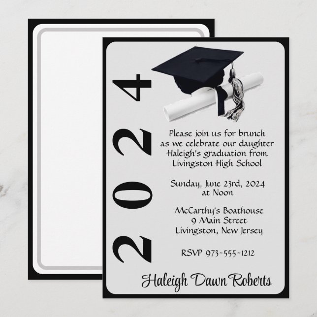 Cap & Diploma 5x7 Black & Silver Graduation Invitation (Front/Back)