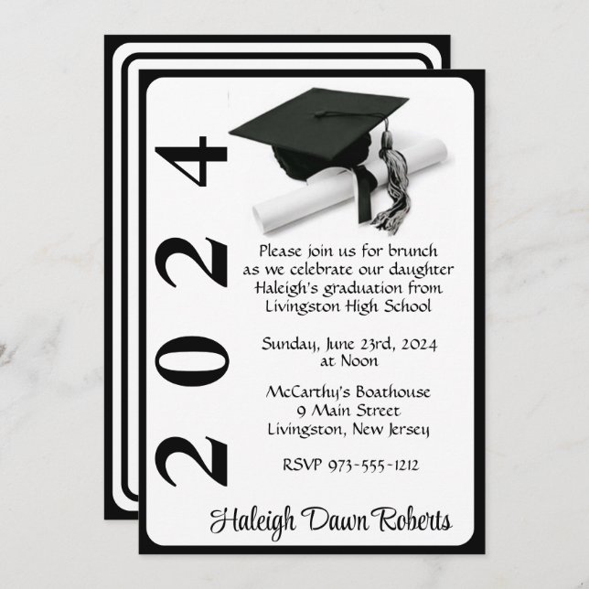 Cap & Diploma 5x7 Black & White Graduation Invitation (Front/Back)