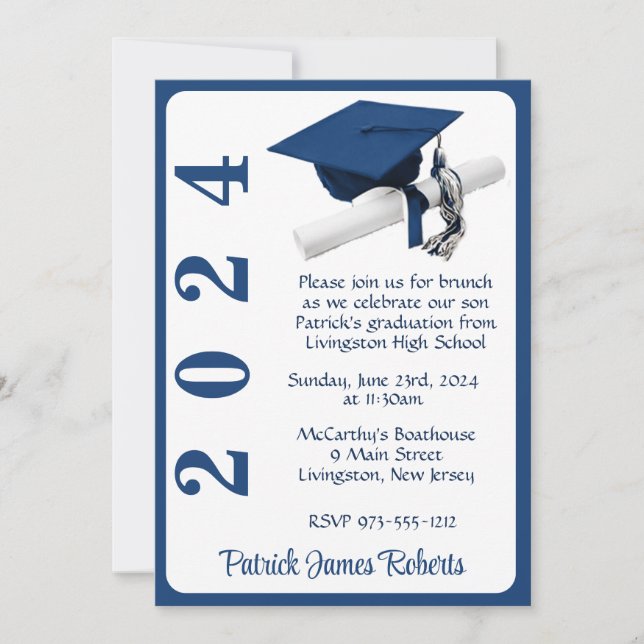 Cap & Diploma 5x7 Dark Blue Graduation Invitation (Front)