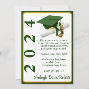 Cap & Diploma 5x7 Green & Gold Graduation Invitation