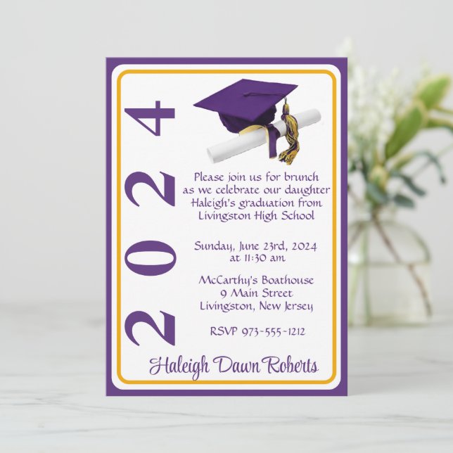 Cap & Diploma 5x7 Purple & Gold Graduation Invitation (Standing Front)