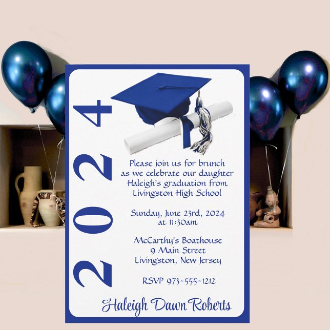 Cap & Diploma 5x7 Royal Blue & White Graduation Invitation (Creator Uploaded)