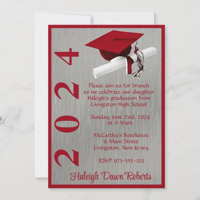 Cap & Diploma 5x7 Scarlet Red/Silver Graduation Invitation (Front)