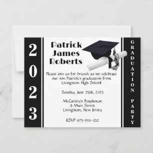Cap & Diploma, Black & White Graduation Invitation