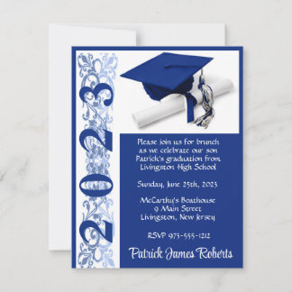 Cap & Diploma, Blue Background Graduation Invitation