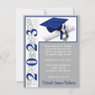 Cap & Diploma, Blue & Grey Graduation Invitation
