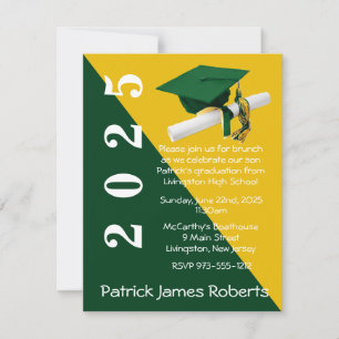 Cap & Diploma, Green & Gold Graduation Invitation