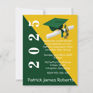 Cap & Diploma, Green & Gold Graduation Invitation