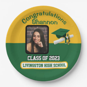 Cap & Diploma, Green & Gold Graduation Paper Plate