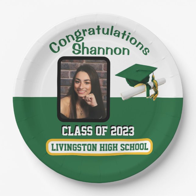 Cap & Diploma, Green, White, & Gold Graduation Paper Plate (Front)
