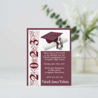 Cap & Diploma, Maroon Background Graduation Invitation
