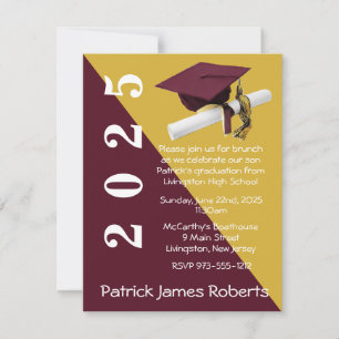Cap & Diploma, Maroon & Metallic Gold Graduation Invitation