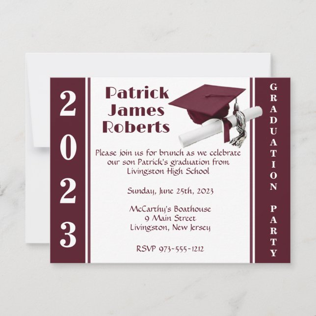 Cap & Diploma, Maroon & White Graduation Invitation (Front)