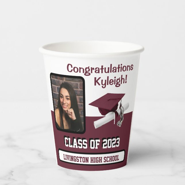 Cap & Diploma, Maroon & White Graduation Paper Cups (Front)