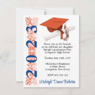 Cap & Diploma, Orange & Blue Graduation Invitation