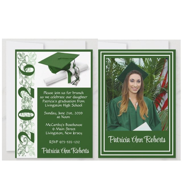 Cap & Diploma Photo, Green and White Graduation Invitation (Graduation invitations with photos and a cap and diploma design!)