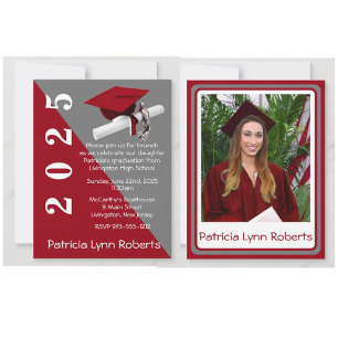 Cap & Diploma Photo, Red & Grey Graduation Invitation