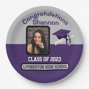 Cap & Diploma, Purple & Gray Graduation Paper Plate