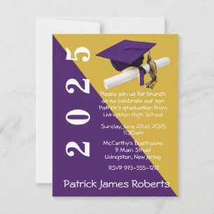 Cap & Diploma, Purple & Metallic Gold Graduation Invitation