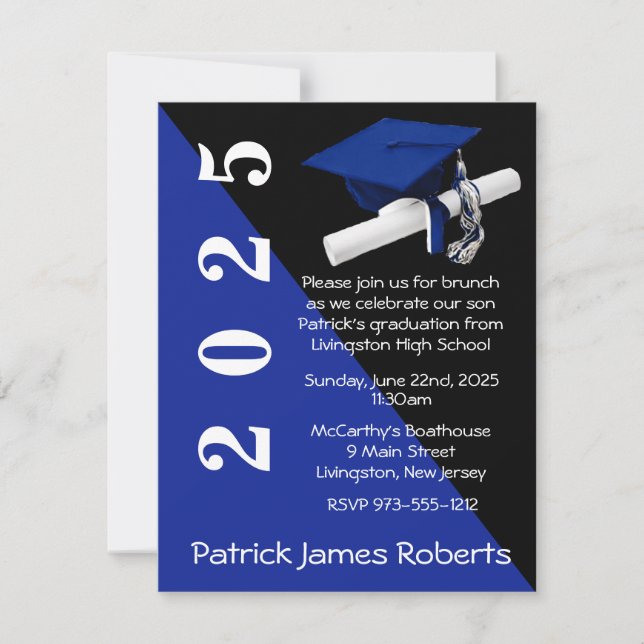 Cap & Diploma, Royal Blue & Black Graduation Invitation (Front)