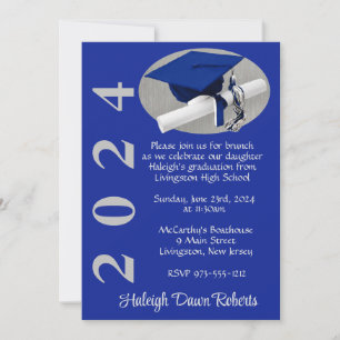 Cap & Diploma Royal Blue Brushed Silver Graduation Invitation