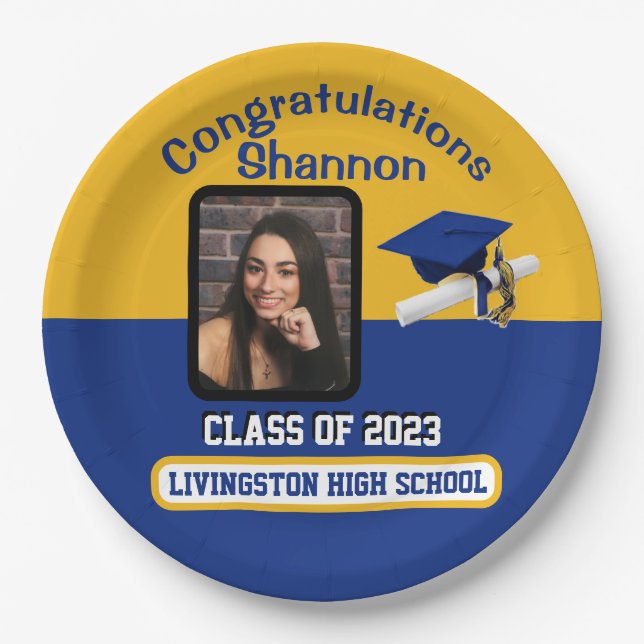 Cap & Diploma, Royal Blue & Gold Graduation Paper Plate (Front)