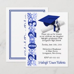 Cap & Diploma, Royal Blue & White Graduation Invitation