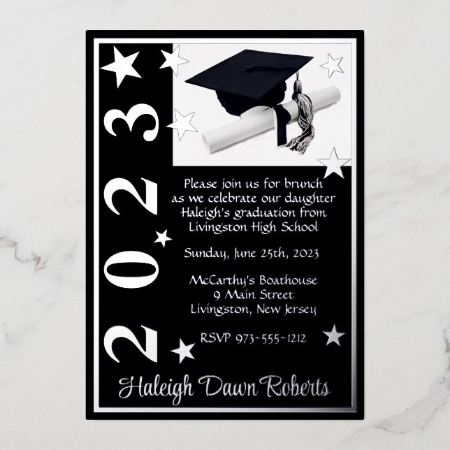 Cap, Diploma, & Stars, Black & Silver Graduation F (Front)