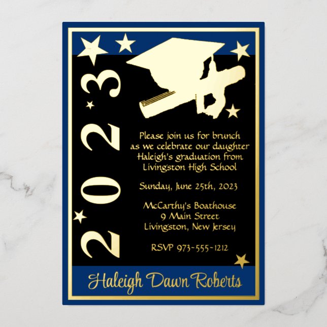 Cap, Diploma, & Stars, Blue, Black & Gold (Front)
