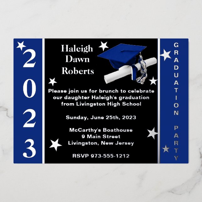Cap, Diploma, & Stars, Royal Blue, Black, & Silver (Front)