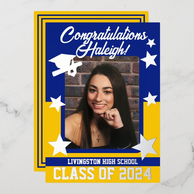 Cap, Diploma, Stars, Royal Blue & Gold Graduation (Front/Back)