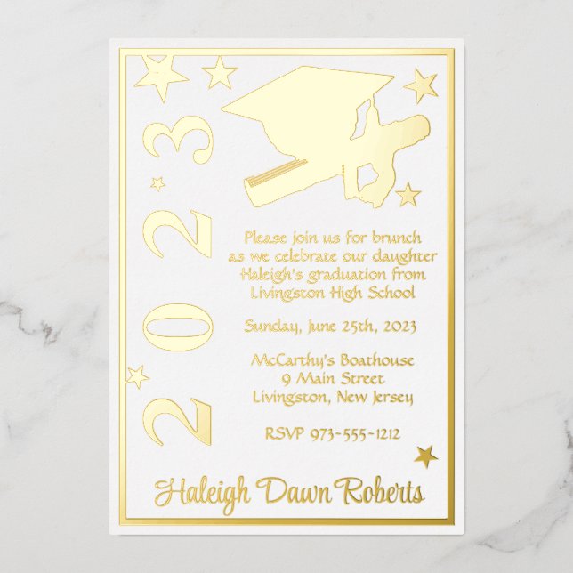 Cap, Diploma, Stars White & Gold Graduation (Front)