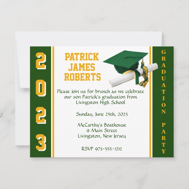Cap & Diploma Varsity Green & Gold Graduation Invitation (Front)