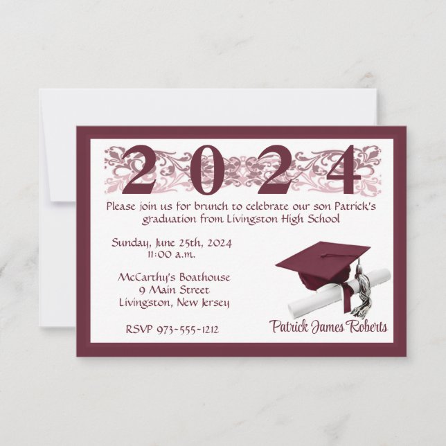 Cap & Diploma, White & Maroon Graduation Invitation (Front)