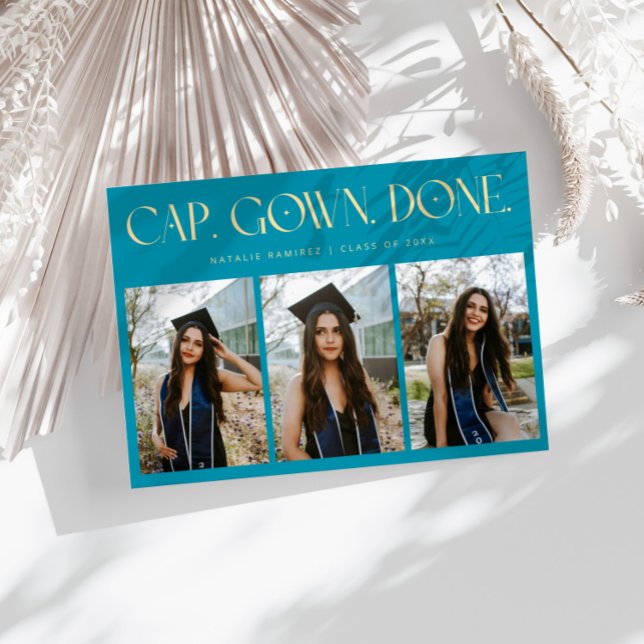 Cap. Gown. Done. Multi Photo Aqua Blue Graduation Announcement (Creator Uploaded)
