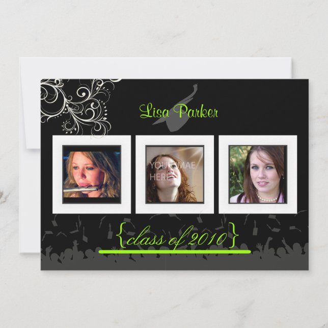 Cap + Gown + Swirls Graduation Invitation /Photos (Front)