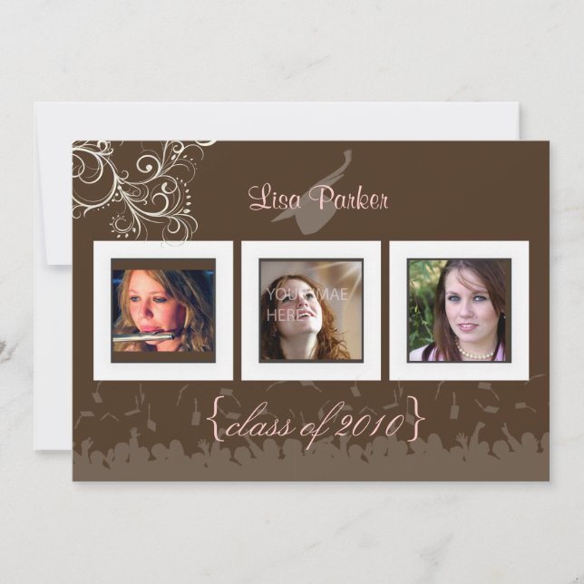 Cap + Gown + Swirls Graduation Invitation /Photos (Front)