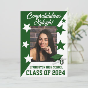 Cap & Stars 5x7 Green and White Graduation Invitation