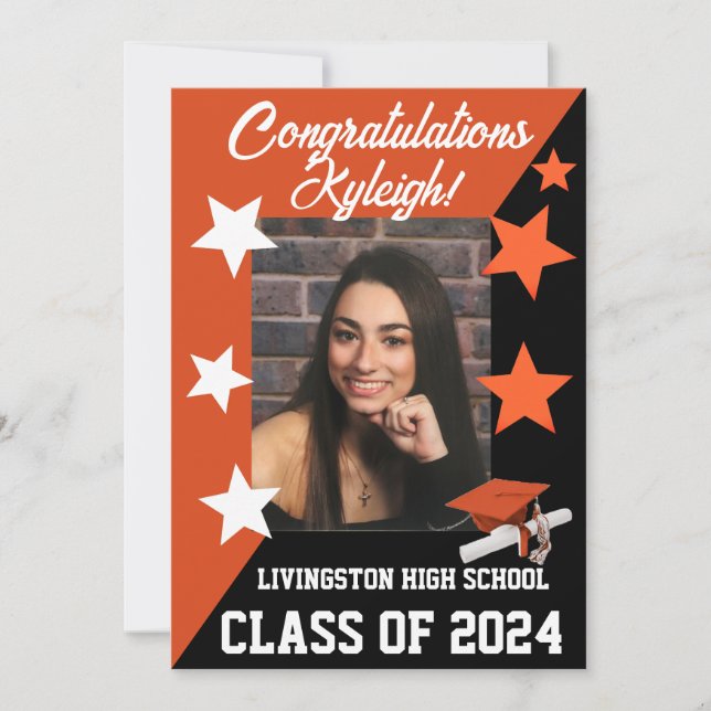 Cap & Stars 5x7 Orange & Black Graduation Invitation (Front)