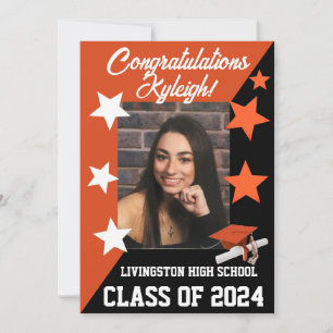 Cap & Stars 5x7 Orange & Black Graduation Invitation