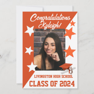 Cap & Stars 5x7 Orange & White Graduation Invitation