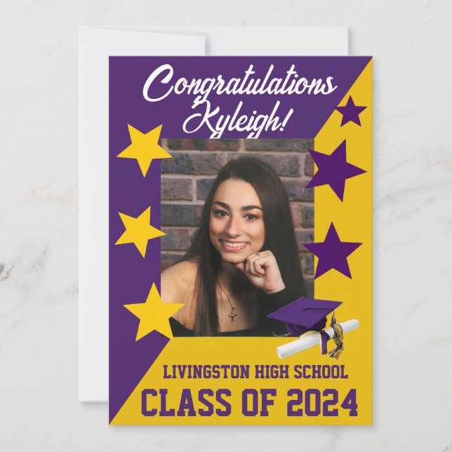 Cap & Stars 5x7 Purple and Gold Graduation Invitation (Front)