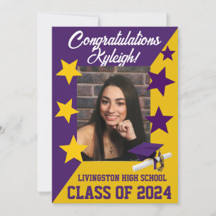 Cap & Stars 5x7 Purple and Gold Graduation Invitation