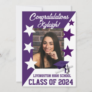 Cap & Stars 5x7 Purple and White Graduation Invitation