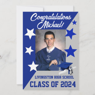 Cap & Stars 5x7 Royal Blue and Grey Graduation Invitation